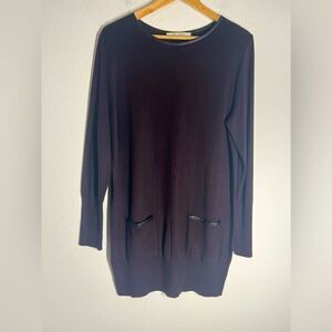 Monari Italy Bohemian Luxury Long Sweater 2 Pockets Faux Leather Details Purple